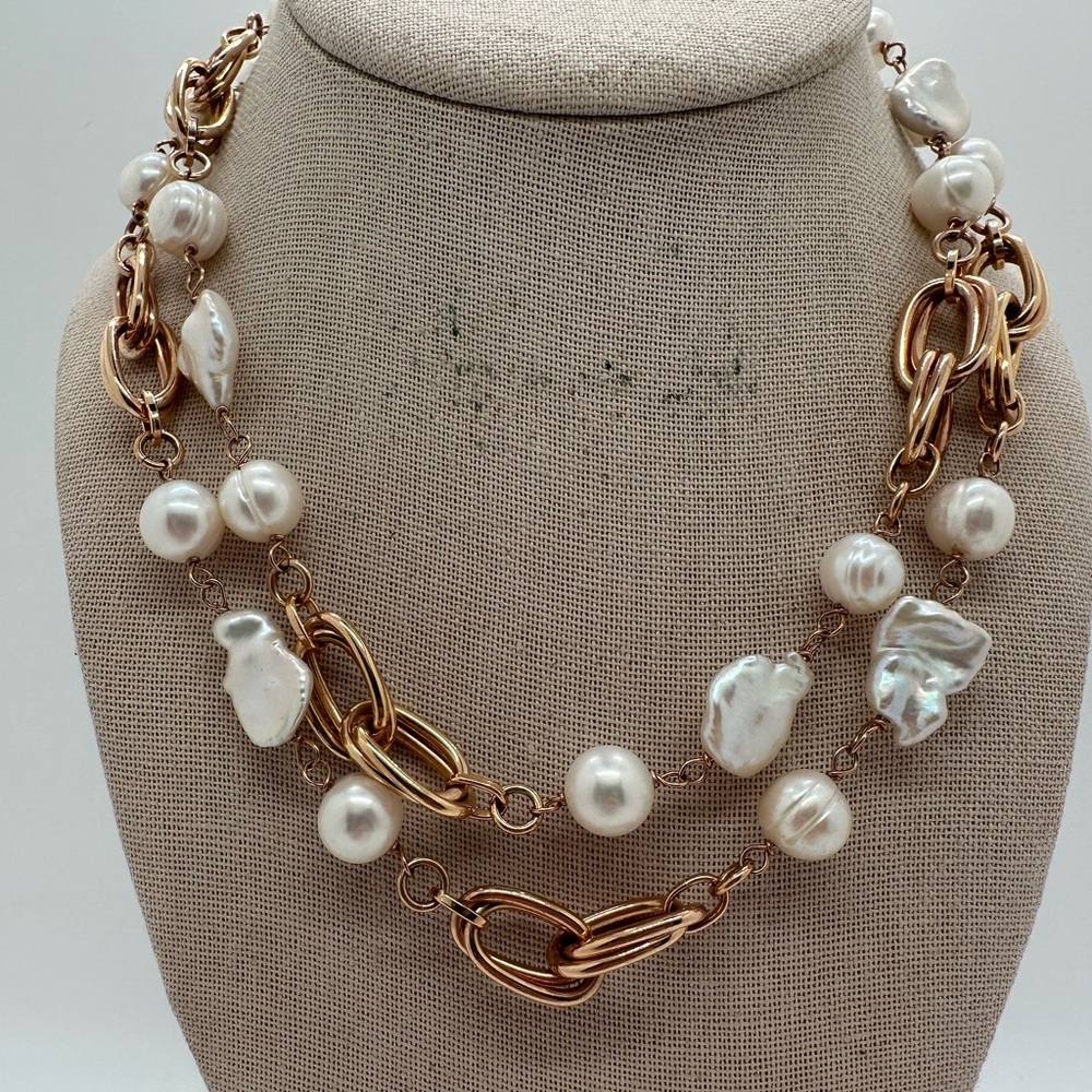 Bronze Italy REAL pearl gold tone link necklace